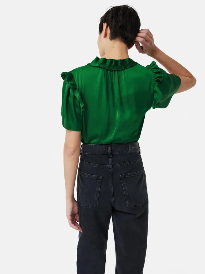 Jigsaw Recycled Satin Ruffle Top Green Women Shirts and Tops
