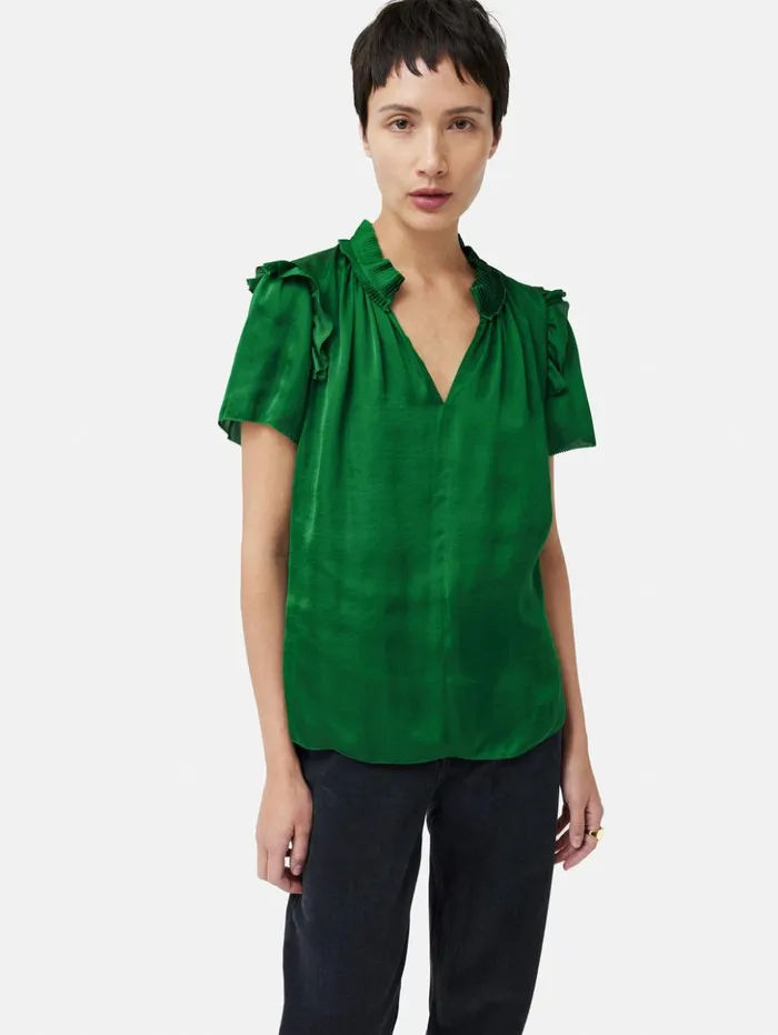 Jigsaw Recycled Satin Ruffle Top Green Women Shirts and Tops