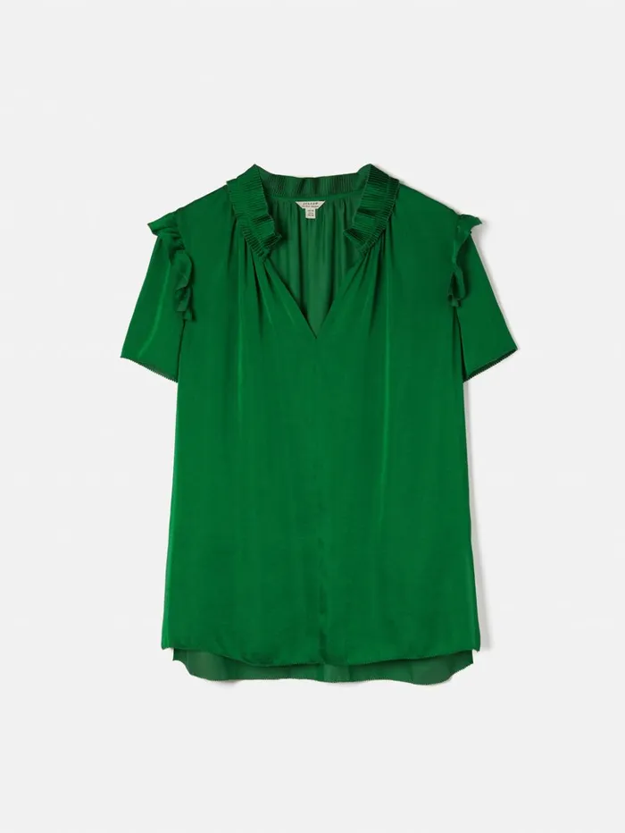 Jigsaw Recycled Satin Ruffle Top Green Women Shirts and Tops