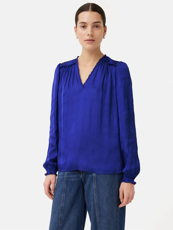 Jigsaw Recycled Satin V Neck Top Blue Women Shirts and Tops