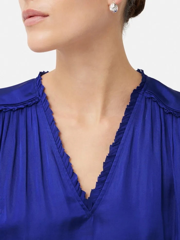 Jigsaw Recycled Satin V Neck Top Blue Women Shirts and Tops