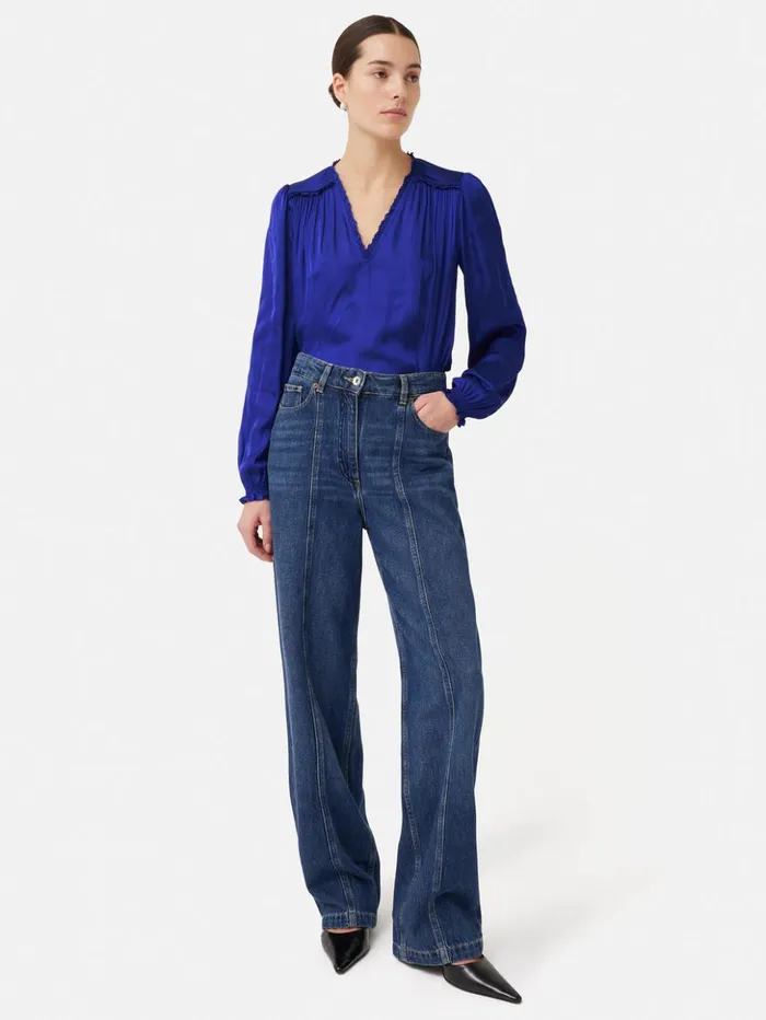 Jigsaw Recycled Satin V Neck Top Blue Women Shirts and Tops