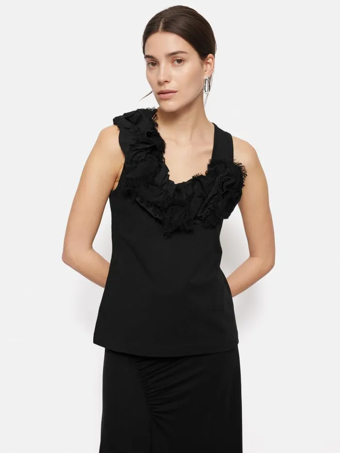 Jigsaw Ruffle Trim Jersey Top Black Women Shirts and Tops