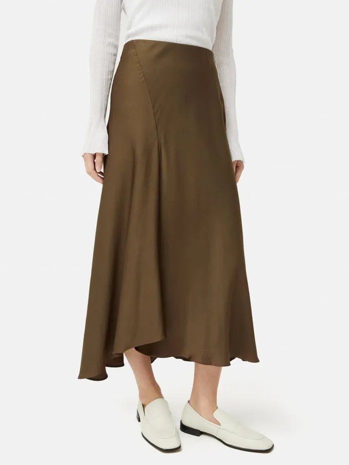 Jigsaw Satin Bias Asymmetric Skirt Dark Khaki Women Skirts