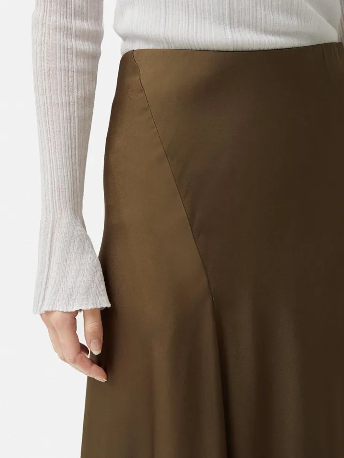 Jigsaw Satin Bias Asymmetric Skirt Dark Khaki Women Skirts