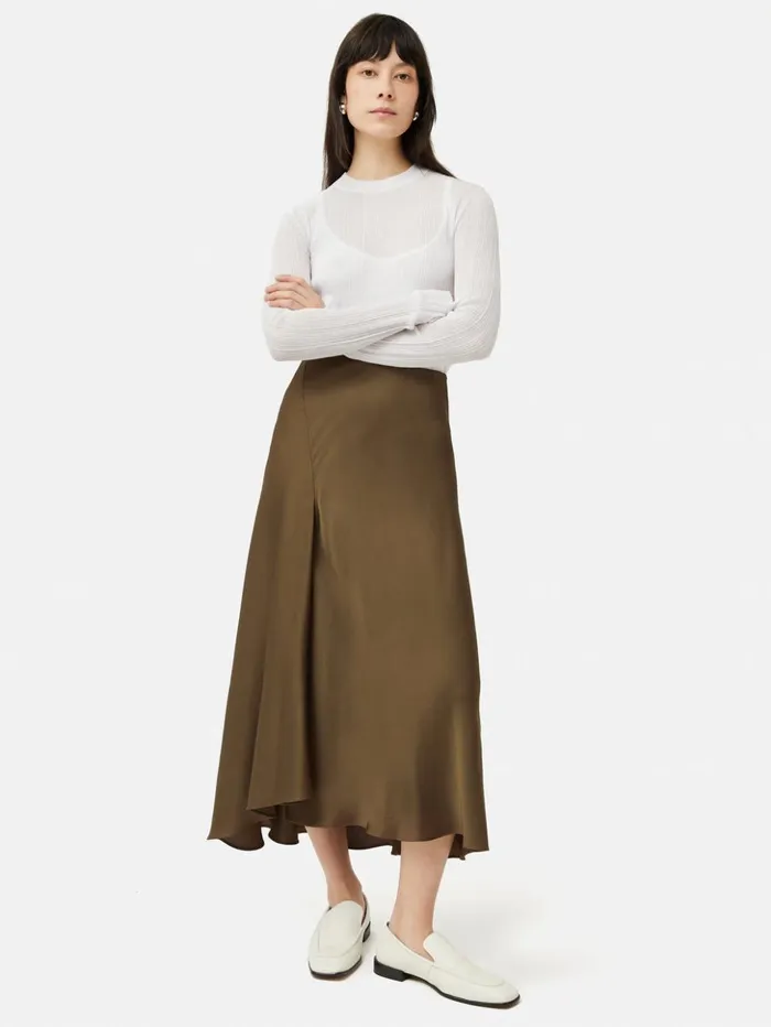 Jigsaw Satin Bias Asymmetric Skirt Dark Khaki Women Skirts