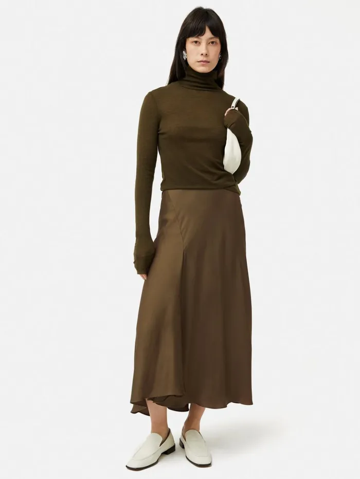 Jigsaw Satin Bias Asymmetric Skirt Dark Khaki Women Skirts