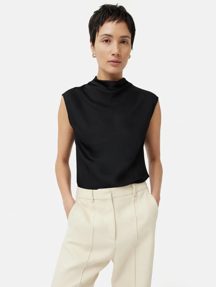 Jigsaw Satin Cowl Neck Top Black Women Shirts and Tops