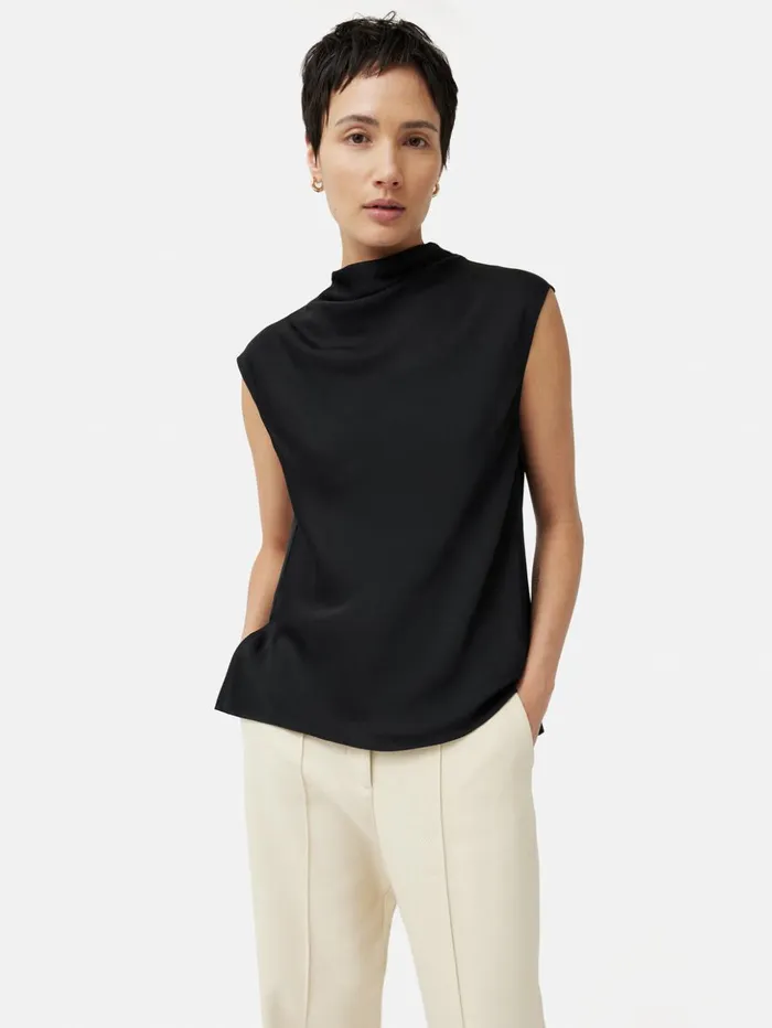 Jigsaw Satin Cowl Neck Top Black Women Shirts and Tops