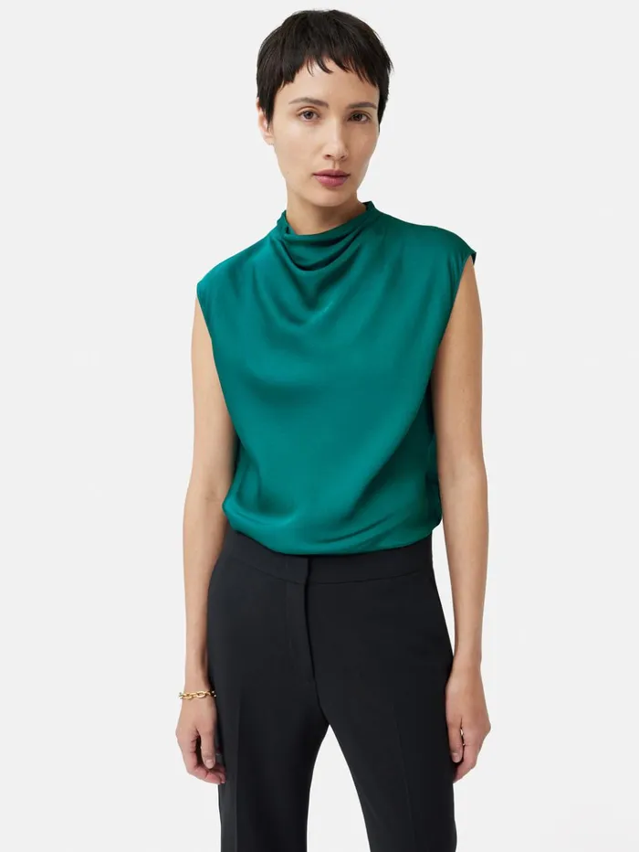 Jigsaw Satin Cowl Neck Top Green Women Shirts and Tops