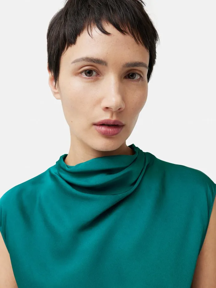 Jigsaw Satin Cowl Neck Top Green Women Shirts and Tops