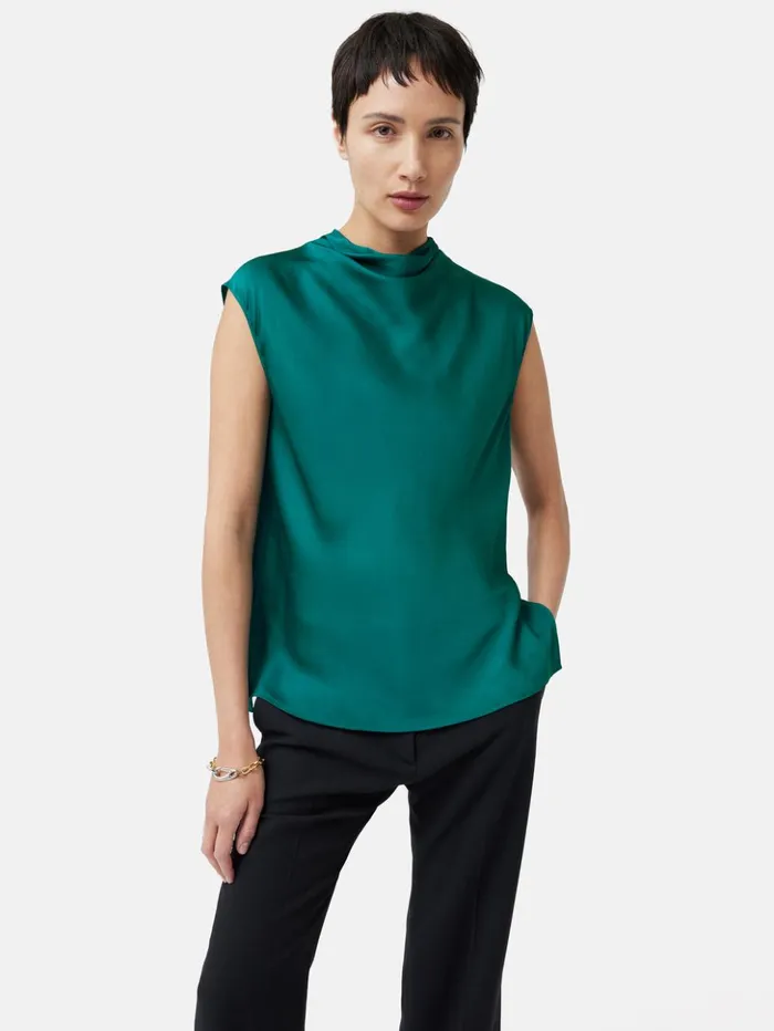 Jigsaw Satin Cowl Neck Top Green Women Shirts and Tops