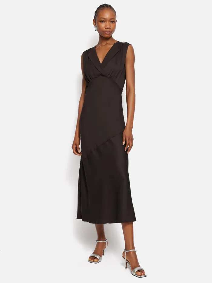 Jigsaw Satin Sleeveless V Neck Dress Brown Women Dresses and Jumpsuits