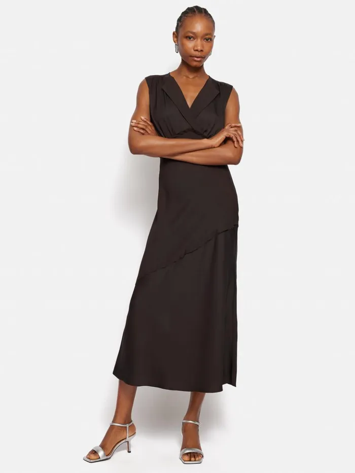 Jigsaw Satin Sleeveless V Neck Dress Brown Women Dresses and Jumpsuits