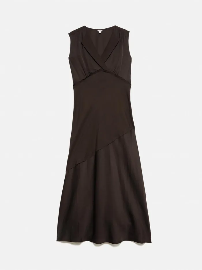 Jigsaw Satin Sleeveless V Neck Dress Brown Women Dresses and Jumpsuits