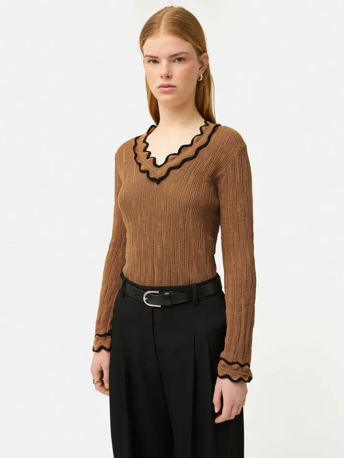 Jigsaw Scallop Textured Rib Top Brown Women Shirts and Tops