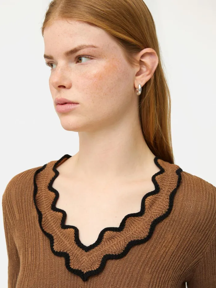 Jigsaw Scallop Textured Rib Top Brown Women Shirts and Tops