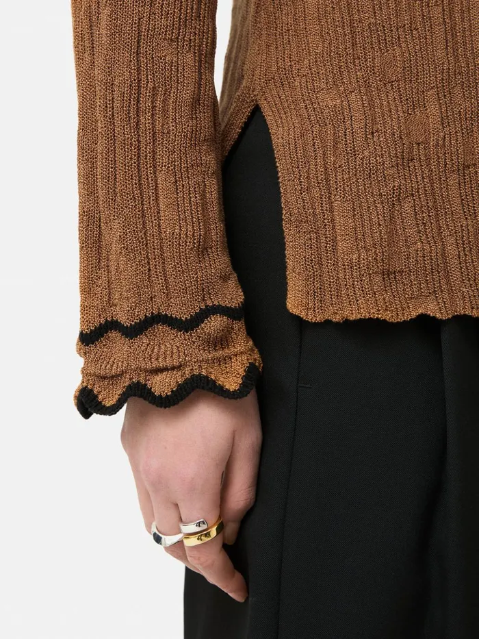 Jigsaw Scallop Textured Rib Top Brown Women Shirts and Tops