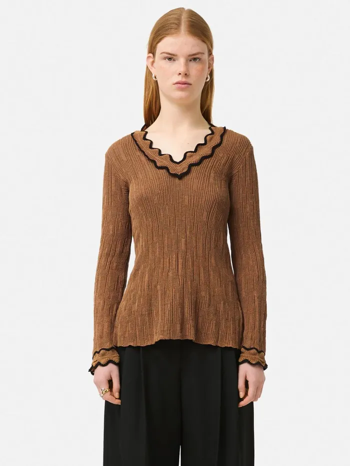 Jigsaw Scallop Textured Rib Top Brown Women Shirts and Tops