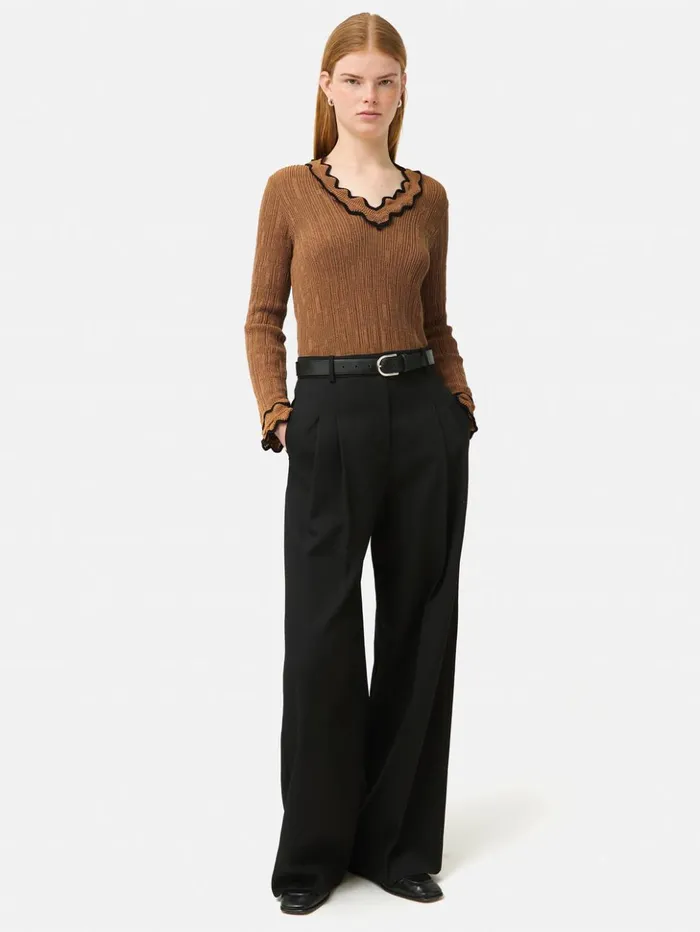 Jigsaw Scallop Textured Rib Top Brown Women Shirts and Tops