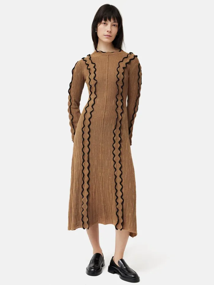 Jigsaw Scallop Trim Knitted Dress Brown Women Dresses and Jumpsuits