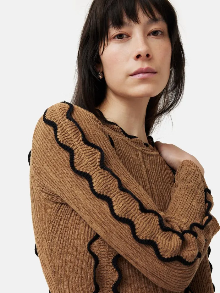 Jigsaw Scallop Trim Knitted Dress Brown Women Dresses and Jumpsuits