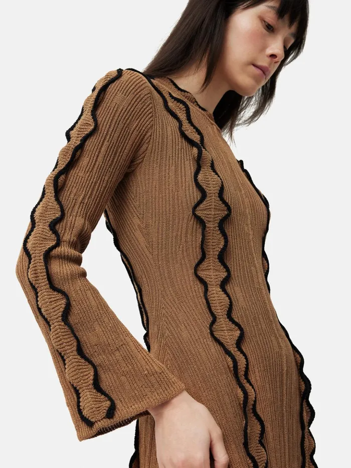 Jigsaw Scallop Trim Knitted Dress Brown Women Dresses and Jumpsuits