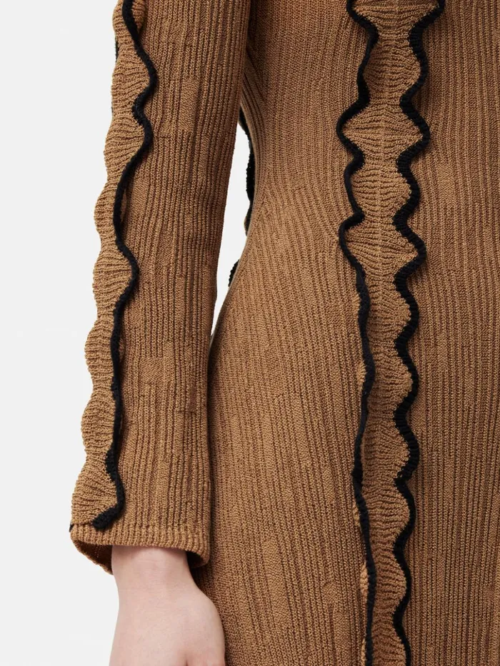 Jigsaw Scallop Trim Knitted Dress Brown Women Dresses and Jumpsuits