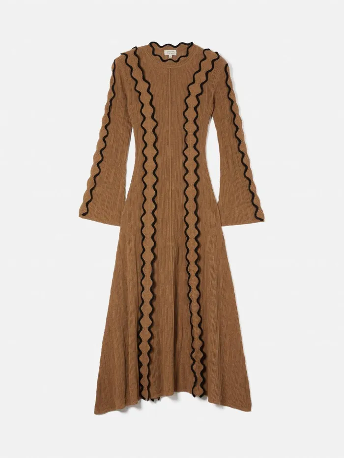 Jigsaw Scallop Trim Knitted Dress Brown Women Dresses and Jumpsuits