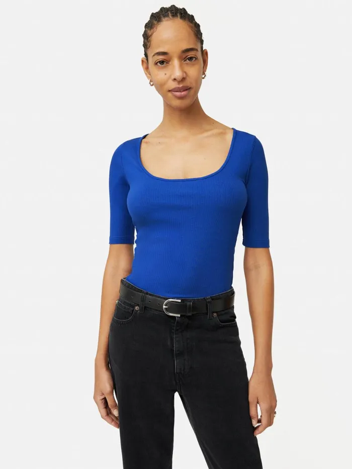 Jigsaw Scoop Neck Rib Top Blue Women Shirts and Tops