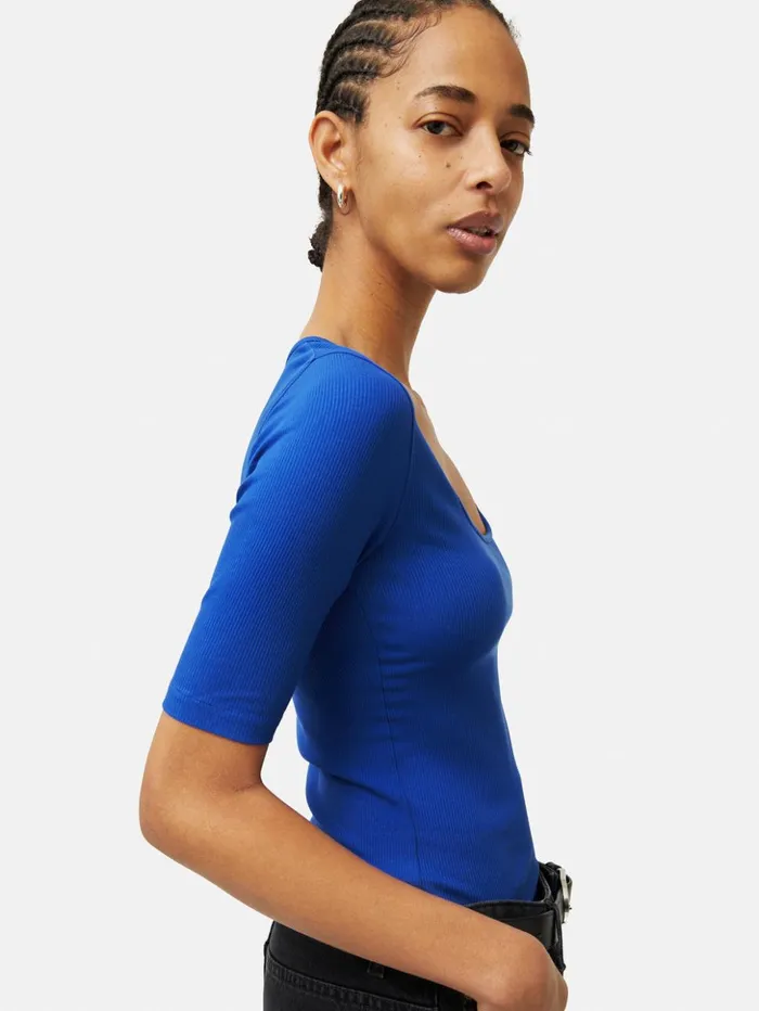 Jigsaw Scoop Neck Rib Top Blue Women Shirts and Tops