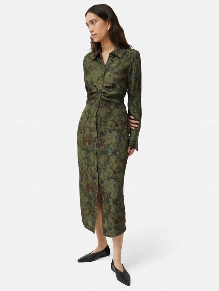 Jigsaw Shadow Floral Jacquard Dress Green Women Dresses and Jumpsuits
