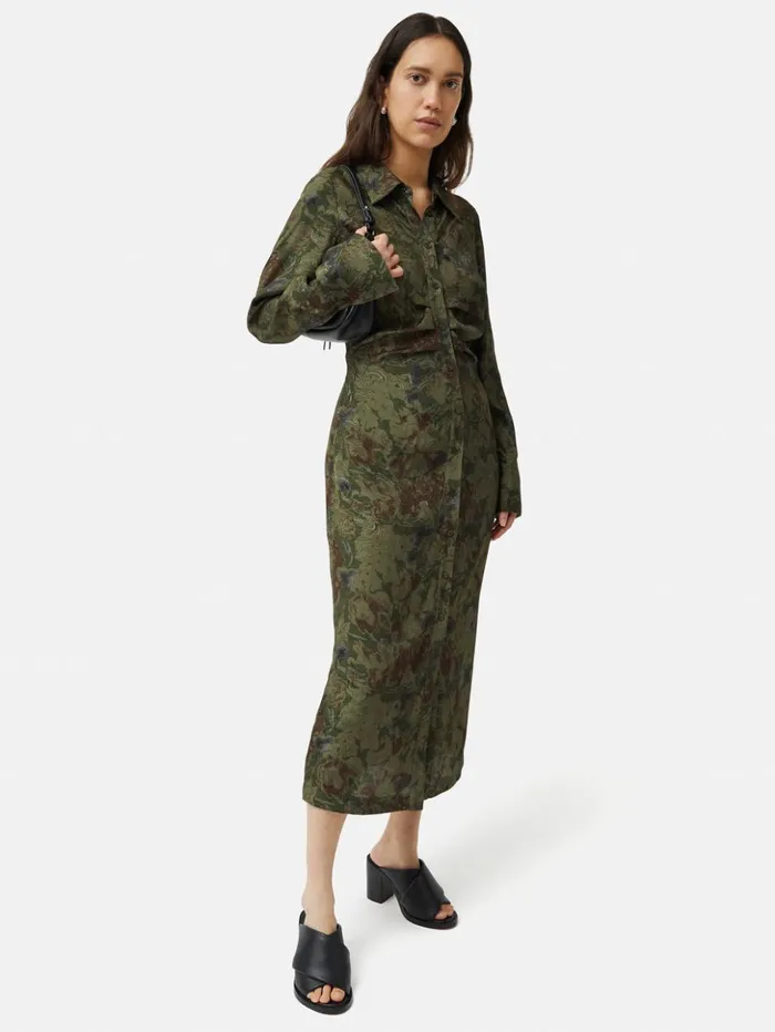 Jigsaw Shadow Floral Jacquard Dress Green Women Dresses and Jumpsuits