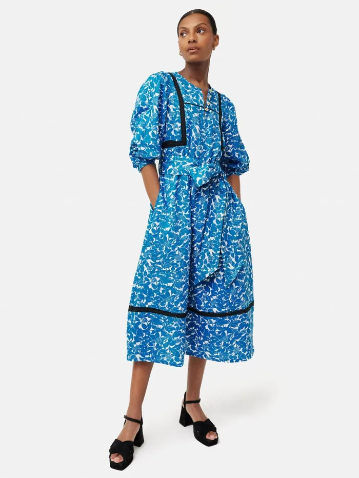 Jigsaw Shadow Leaf Linen Dress Blue Women Dresses and Jumpsuits