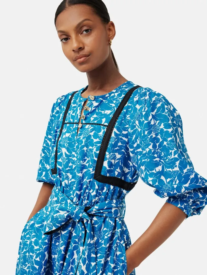 Jigsaw Shadow Leaf Linen Dress Blue Women Dresses and Jumpsuits