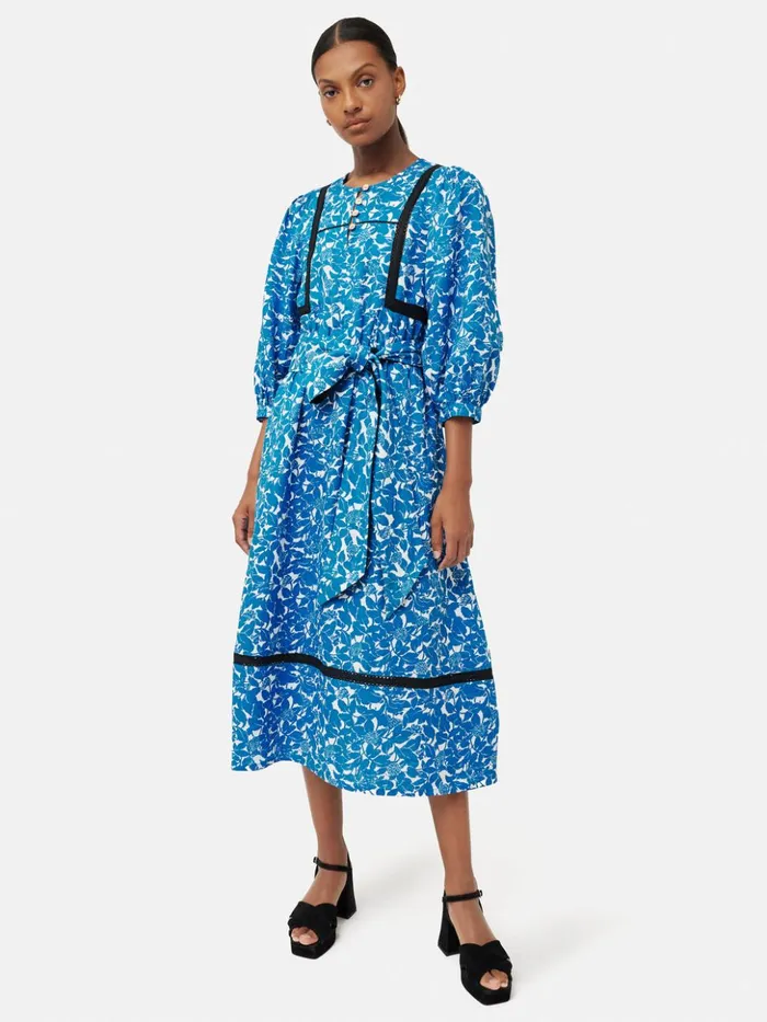 Jigsaw Shadow Leaf Linen Dress Blue Women Dresses and Jumpsuits