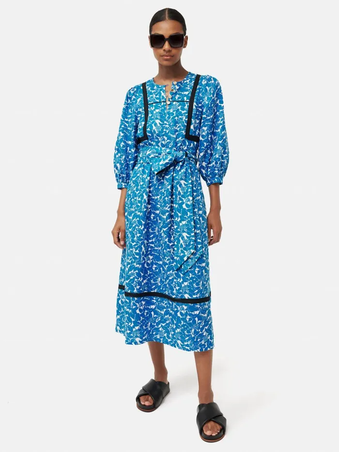 Jigsaw Shadow Leaf Linen Dress Blue Women Dresses and Jumpsuits