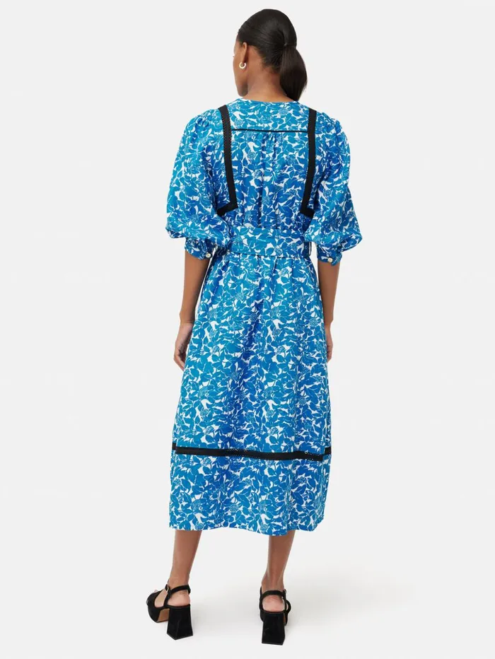 Jigsaw Shadow Leaf Linen Dress Blue Women Dresses and Jumpsuits