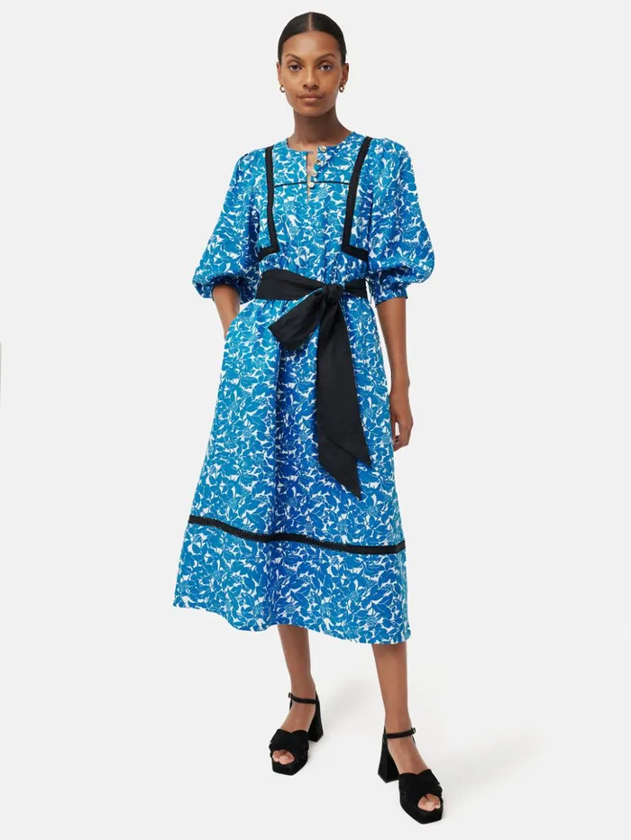 Jigsaw Shadow Leaf Linen Dress Blue Women Dresses and Jumpsuits