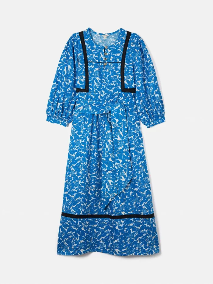 Jigsaw Shadow Leaf Linen Dress Blue Women Dresses and Jumpsuits