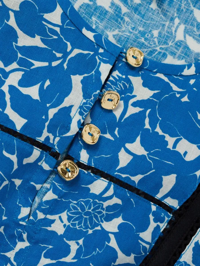 Jigsaw Shadow Leaf Linen Dress Blue Women Dresses and Jumpsuits