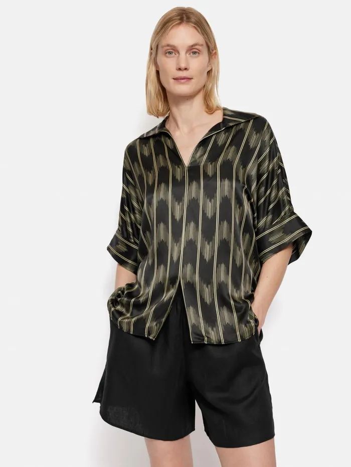 Jigsaw Silk Blend Ikat Stripe Top Black Women Shirts and Tops
