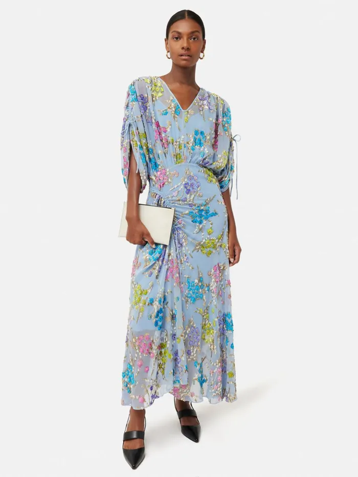 Jigsaw Silk Fil Coupe Metallic Maxi Dress Blue Women Dresses and Jumpsuits