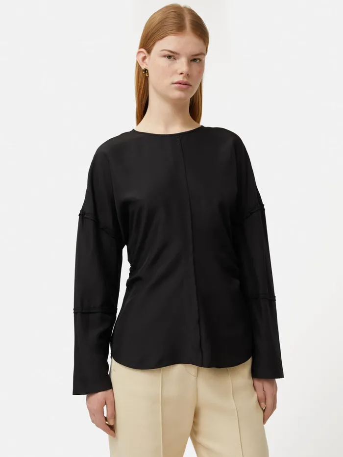 Jigsaw Silk Habotai Long Sleeve Top Black Women Shirts and Tops