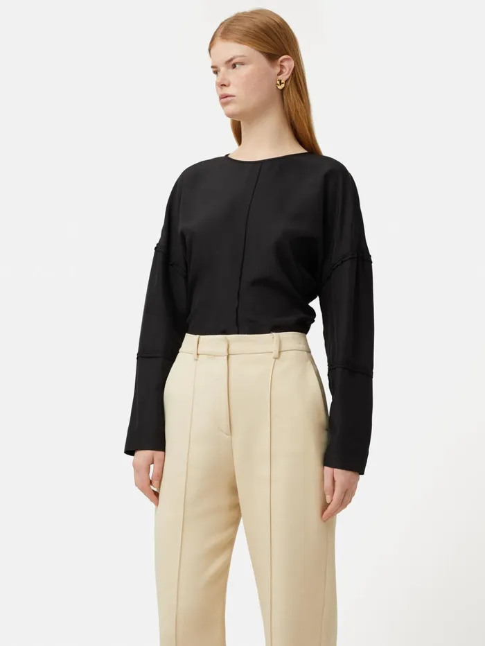 Jigsaw Silk Habotai Long Sleeve Top Black Women Shirts and Tops
