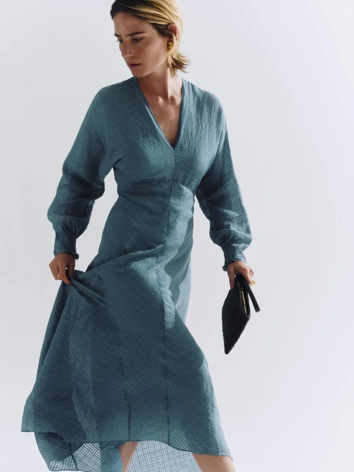 Jigsaw Silk Linen Gauze Maxi Dress Blue Women Dresses and Jumpsuits