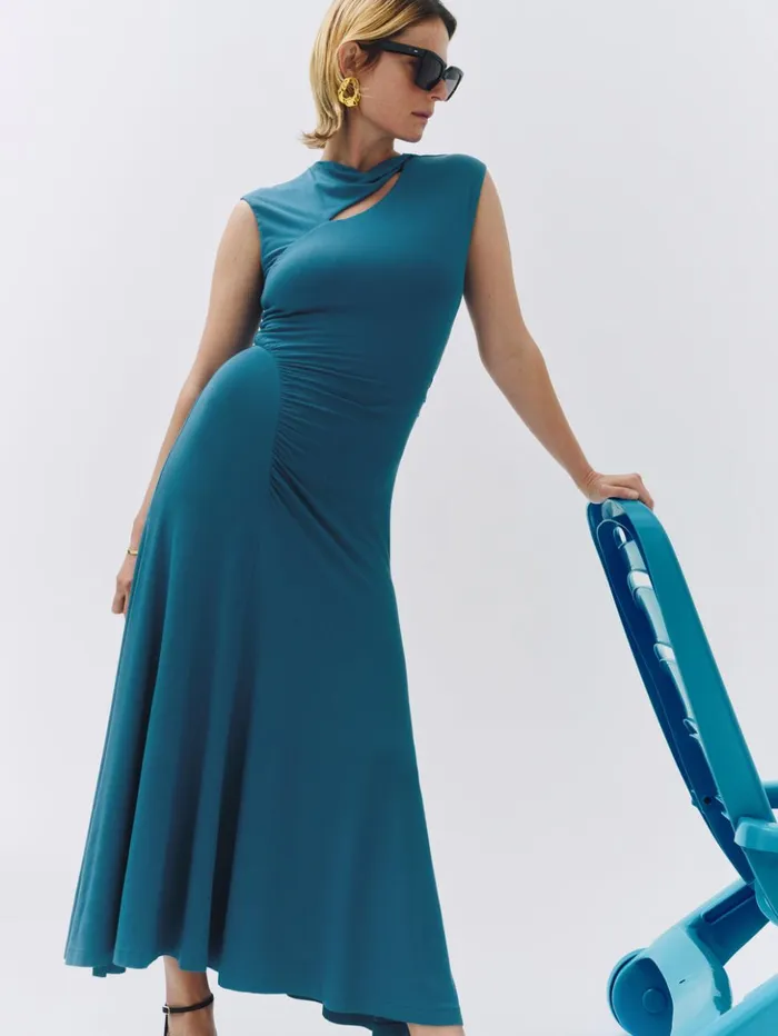 Jigsaw Slash Neck Dress Blue Women Dresses and Jumpsuits