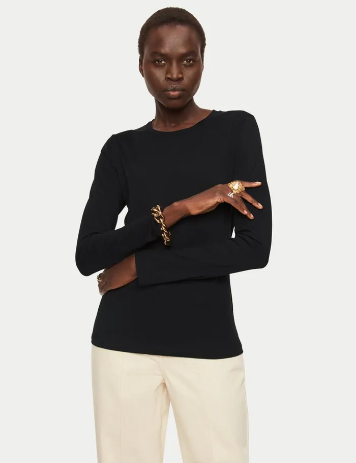 Jigsaw Supima Cotton Long Sleeve Tee Black Women Shirts and Tops
