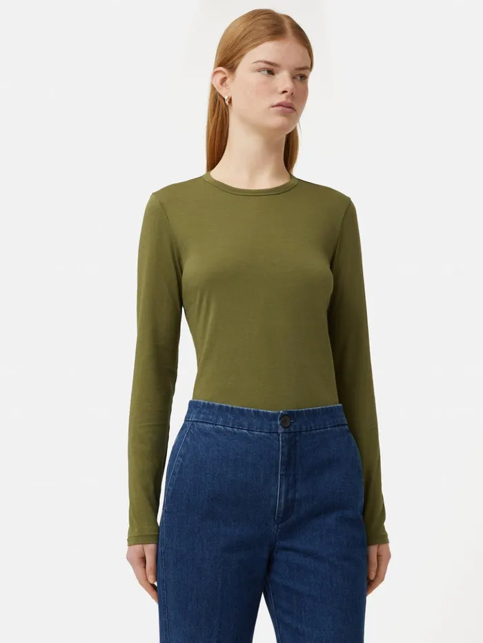 Jigsaw Supima Cotton Long Sleeve Tee Khaki Women Shirts and Tops