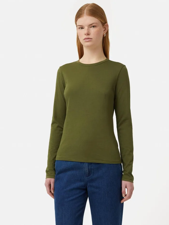 Jigsaw Supima Cotton Long Sleeve Tee Khaki Women Shirts and Tops
